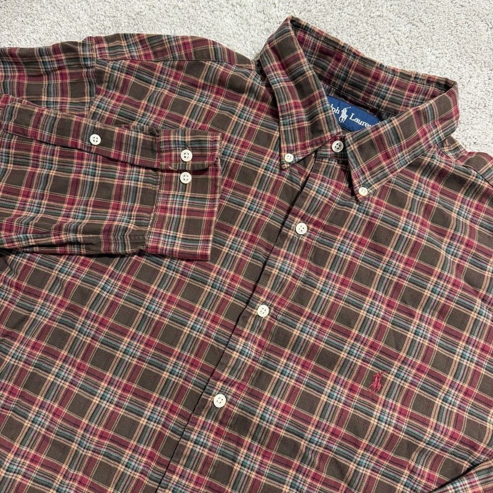 Ralph Lauren Shirt Men Sz 18 XXL Red Beige Plaid Long Sleeve Button Down Classic